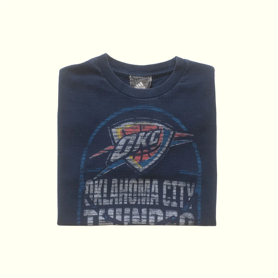 ADIDAS NBA VTG Y2K 90s RETRO OKC THUNDER BASKETBALL GRAPHIC BLUE T SHIRT YOUTH M - Image 1 of 4