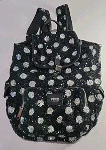 Victoria’s Secret Bag PINK Sequin Backpack Black Silver Polka Dot Bling Chic - Picture 1 of 7