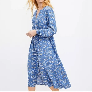 LOFT Blumen Langarm blau Knopfleiste Midi Shirt Kleid Gr. 14 Cottagecore Boho - Bild 1 von 14