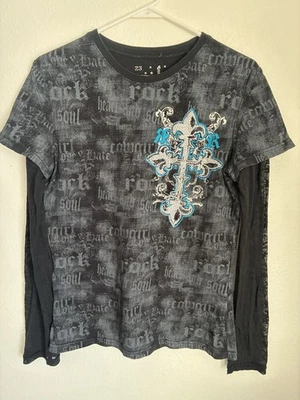 Camisa de encaje negra y azul Rock & Roll vaquera con mango ajustada L estrás para mujer Foto 1 de 4