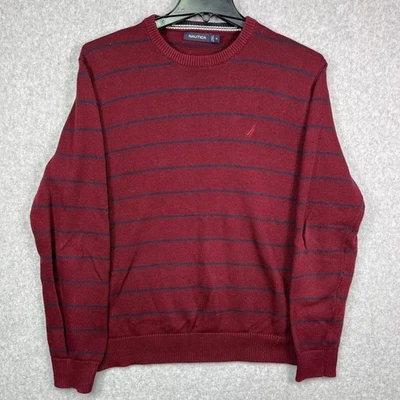 Nautica Sweater Men's Medium Burgundy Striped Crewneck Pullover Preppy Knit - Image 1 of 4