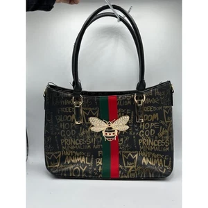 ALBA Graffiti Bee Tote Borsa a mano donna nero oro rosso verde righe - Foto 1 di 15