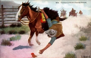 CARTOLINA COWBOY COWBOY IN GARA DI TIRO DI POLLO - Foto 1 di 2