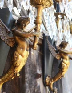 2 Mermaid Whimsical Lady Sconces Antique Deco Spelter brass lamp Siren crystals - Picture 1 of 9