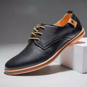 Men's Leather Business Shoes Lace Up Pumps Round Toe Flat Heel Solid Color Wear - Picture 1 of 39