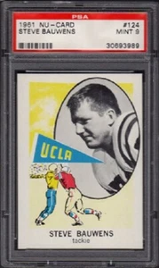 Tarjeta de fútbol americano Steve Bauwens 1961 tarjeta nubosa grado #124 PSA 9 como nueva (MT) - Imagen 1 de 2