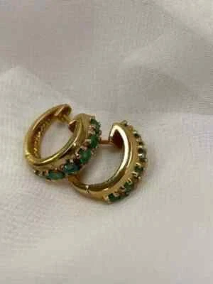 3Ct Round Cut Natural Emerald Vintage Hoop Earrings 14K Yellow Gold Plated - Image 1 of 4