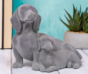 DACHSHUND Adult & Puppy Grey Dogs Ornament Figurine Velveteen Dog Statue Figure - Picture 1 of 1