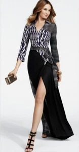 Maxi Vestido Diane Von Furstenberg DVF Envolvente de Seda Talla 12 Negro Blanco Azul - Imagen 1 de 5