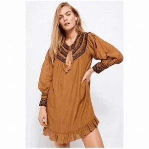 NWT- Free People- Erin Embroidered Brown/ Black Long Sleeve Dress, Size Large - Picture 1 of 10