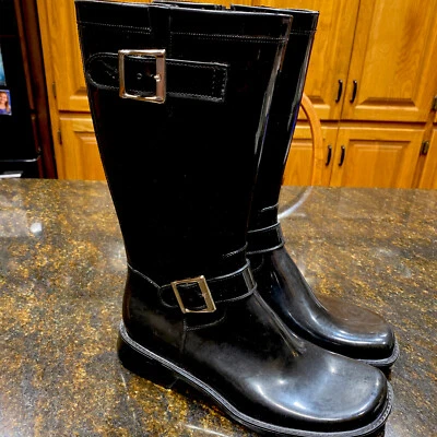 Botas Donald J. Pliner para mujer de goma negras con dos correas de tacón bloque de lluvia talla 7 Foto 1 de 4