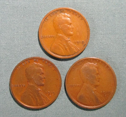 1919 P, 1919-D and 1919-S Lincoln Penny - CIRCULATED (3) U.S. 1 Cent coins PDS Cover