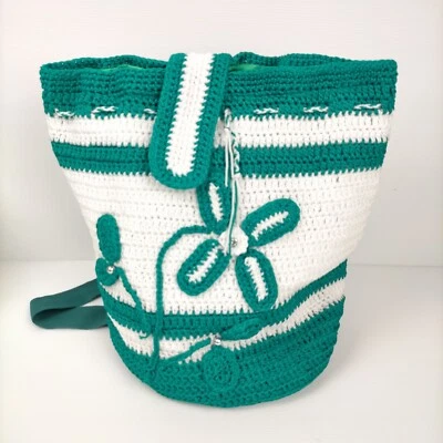 Handmade Crochet Tote Bag Green & White Lined Casual Summer Beach Handbag - image 1 of 4