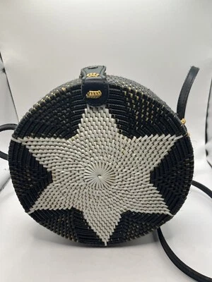Round Boho Black with Star wicker rattan Straw Cane Basket Shoulder Bag Lined - Image 1 of 4
