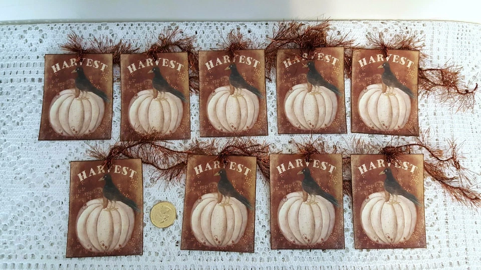 9~Primitive~Harvest~White Pumpkin~Fall~Autumn~Linen Cardstock~Gift~Hang~Tags - Image 1 of 1