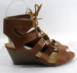 Nuevo Bronceado 2.5" Cuña Tacón Punta Abierta Zapatos con Cordones Mujer TALLA 7.5 - Imagen 1 de 7