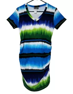 Tommy Bahama Womens S Ruched Bodycon Dress Short Sleeve V-Neck Blue Green White - Picture 1 of 5