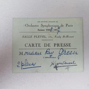 1936 RAY GREEN - COMPOSER - PARIS SYMPHONY ORCHESTRA - PRESS CARD - RARE - Picture 1 of 2