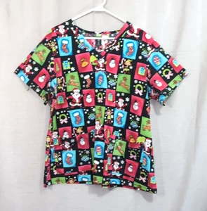 Women’s Christmas Scrub Top Sz 2XL Multi Color V-neck Short Sleeve Med Couture - Picture 1 of 16