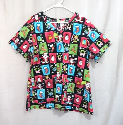 Women’s Christmas Scrub Top Sz 2XL Multi Color V-neck Short Sleeve Med Couture - Image 1 of 4