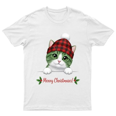 Cat Menny Christmases! Christmas T-Shirt Unisex Gift Retro Funny Womens - Image 1 of 2