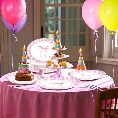 50PCS Pink Bow Oval Paper Plates 10" X 12" Disposable Pink Gingham Bow Party ... - Image 1 of 4