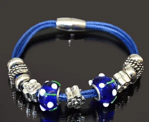 Bracelet Kanz Paris Clasp 3 Strand Cotton Glass Beads Blue - Picture 1 of 1