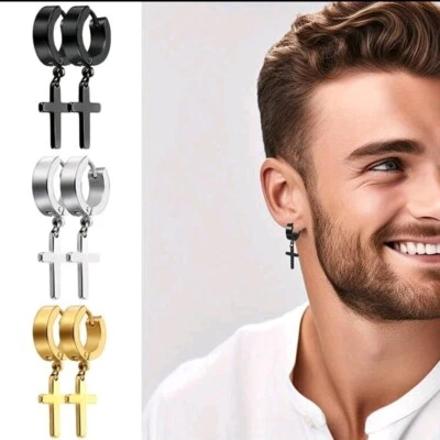 1 Paar Klapp Creolen mit Anhänger Kreuz Ohrringe Edelstahl Damen Herren Unisex - Bild 1 von 4