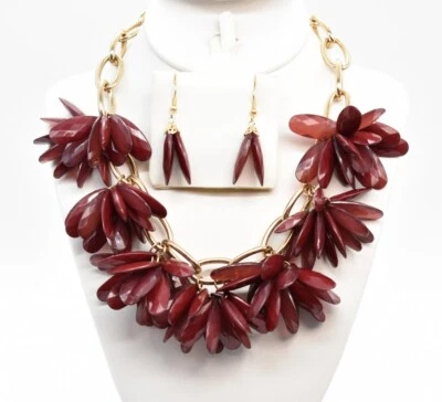 18" Chunky Satin Gold-T Oxblood Teardrop Beaded Cha Cha Chain Necklace/Earrings - Image 1 of 3