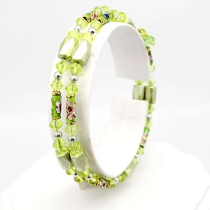 Artisan Double Wrap Memory Wire Bracelet Green Cloisonne Glass Acrylic Beads - Picture 1 of 4