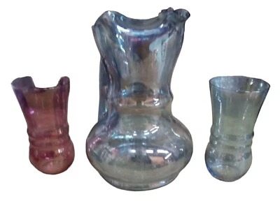 Jarra de vidrio ahumado antigua azul y vidrio vidrio rojo vintage 3 piezas Foto 1 de 4