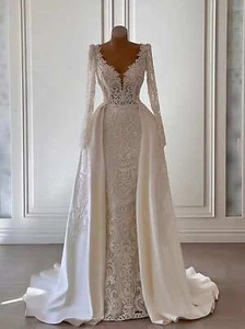 Long Sleeves Wedding Dresses V Neck Appliques Lace Mermaid Detachable Train - Picture 1 of 9