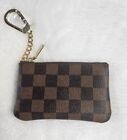 Brown Checkered Coin Purse Card Wallet Key Ring Accessory 