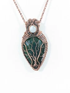 Copper Tone Green Stone Teardrop Pendant Wire Wrap Necklace 20 in Tribal Western - Picture 1 of 9