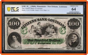 KC- (1860s) Citizens' Bank of Louisiana $100 - Choice UNC 64 PCGS Banknote - Picture 1 of 3