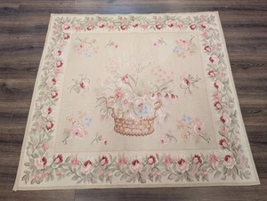 Square Aubusson Rug 4.8 x 5, French Vintage Floral European Wool Carpet - Picture 1 of 12