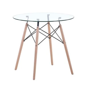 Tavolo da Cucina Rotondo con Piano in Vetro e Gambe in Legno, Trasparente, 80cm - Foto 1 di 9