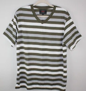 BASICS Men's Olive Green/Gray/White Striped Short Sleeve V-Neck T-Shirt Sz XL - Picture 1 of 10