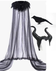 Maleficent Womens Long Cloak Feather cape Gothic Cloak Punk Halloween Costume - Picture 1 of 4