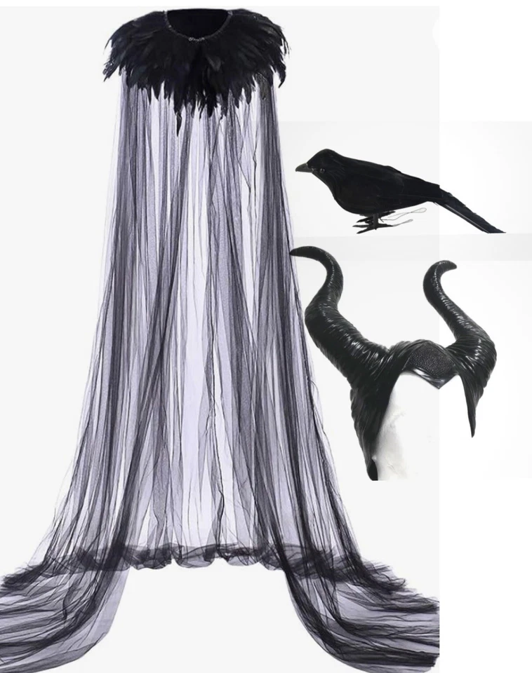 Maléfica Mujer Capa Larga Pluma Capa Gótica Capa Punk Halloween Disfraz Foto 1 de 4