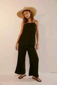 Free People Sightseer Linen Co-Ord Black Sleeveless Pockets Top Pant M NEW - Picture 1 of 8