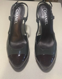Chanel slingback Pumps Grey Patent leather sandal Women’s Shoes - Picture 1 of 6