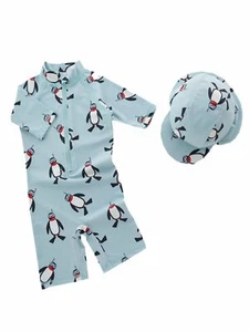 Boys Penguins One-Piece Swimsuit With Hat 2 Pcs Set - Picture 1 of 1