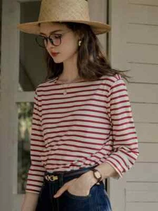 Violet Round Neck Striped Cotton T-shirt Size Medium - Picture 1 of 11