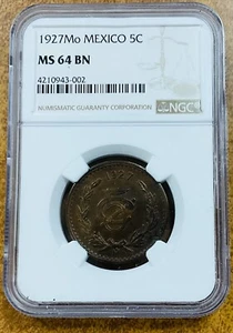 1927 Mo 5C Mexico 5 Centavos Bronze NGC MS 64 BN  Uncirculated  BU - Picture 1 of 7