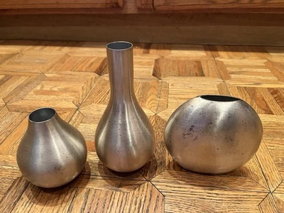 Crate & Barrel Set Of 3 Silver Tone Cooper Vases Small Tall Wide Minimalist - Image 1 of 4