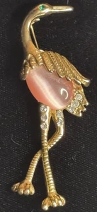 Vintage Brooch Crane Pink Moonstone Body - Picture 1 of 3