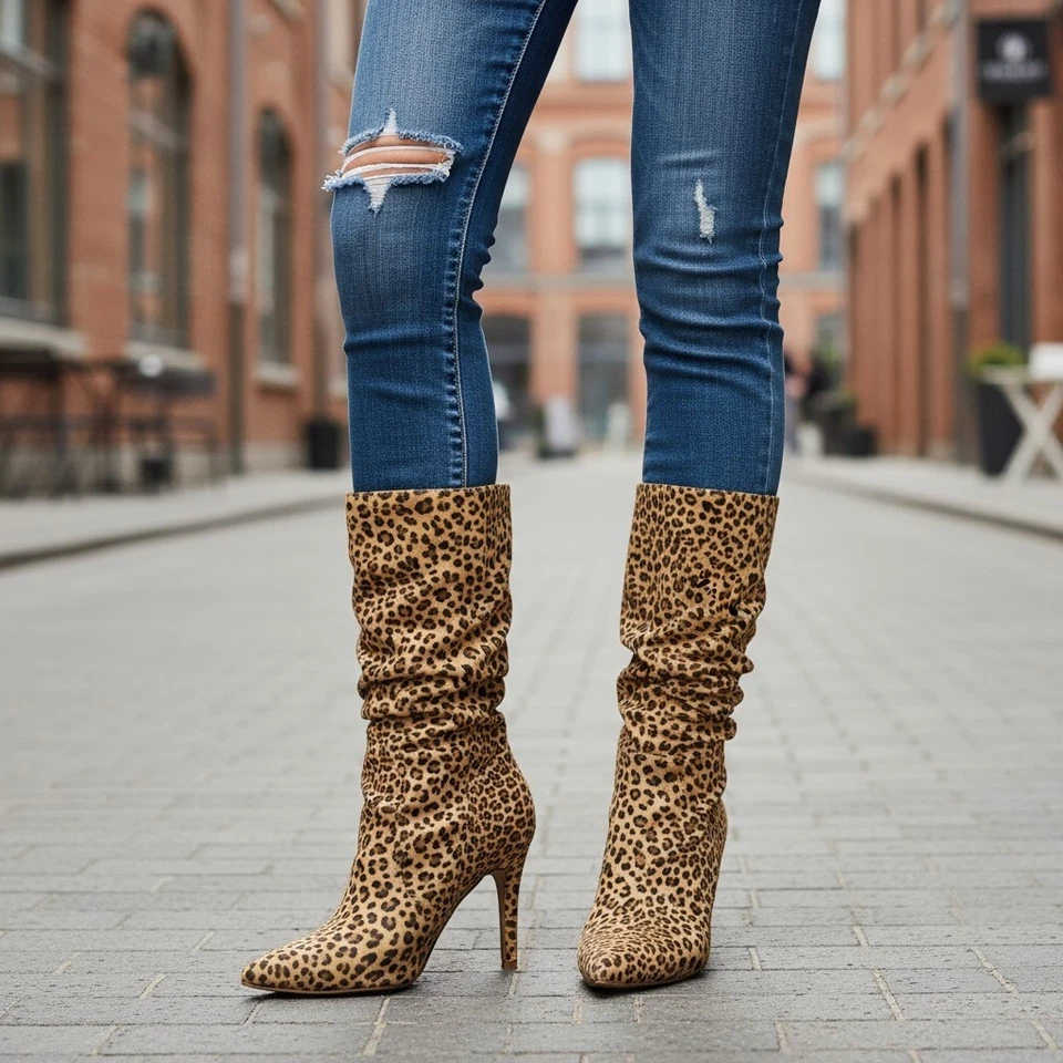 Journee Collection Markie Slouchy Botines Mujer 8 Leopardo Marrón Punta Stiletto Foto 1 de 4