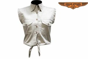 Camisa de mezclilla Dream Apparel natural sin mangas bolsillos delanteros con corbata frontal con botones - Imagen 1 de 5