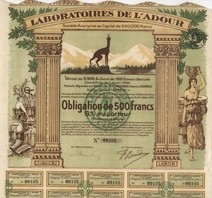 Laboratoires de l'Adour S.A. – Anleihe über 500 Francs, Séméac, 1930 – CHEMIE - Bild 1 von 2